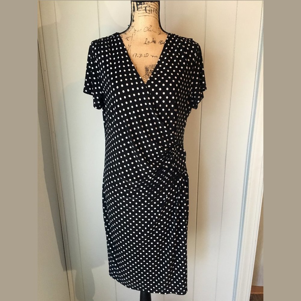 Black White polka dot faux wrap dress EUC